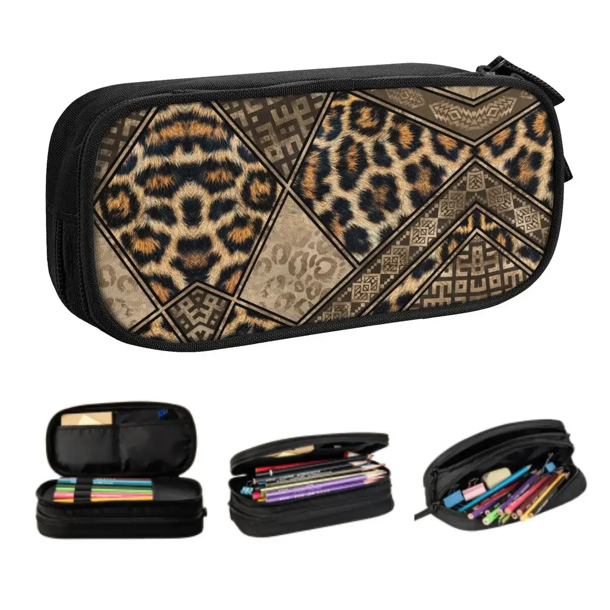 Leopard Fur With Ethnic Ornaments Pencil Cases Boys Gilrs Large Capacity Tribal African Animal Fur Pencil Bag School Supplies