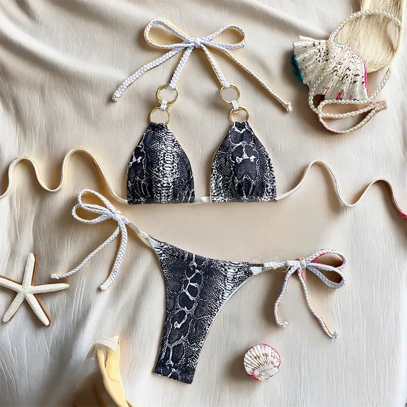 

Sexy Women's Bikini Two-Piece Set Fashionable Metal Ring Snake Skin Print Suspender Strap Sexy Summer Beach Hot Spring Swimsuit