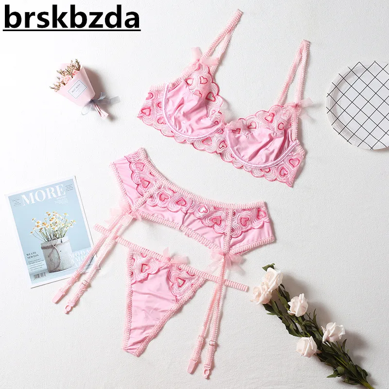 Brskbzda Delicate Pink Lace Lingerie Set Women Love Heart Embroidery Panty Underwear Set Ladies Sexy 3-Piece Bra Garters Sets