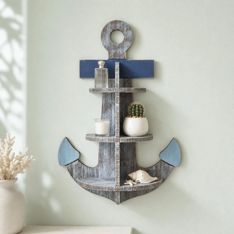 Retro Style Wooden Anchor Shaped Decoration Wall-mounted Multi-layer Shelf Home Storage Rack