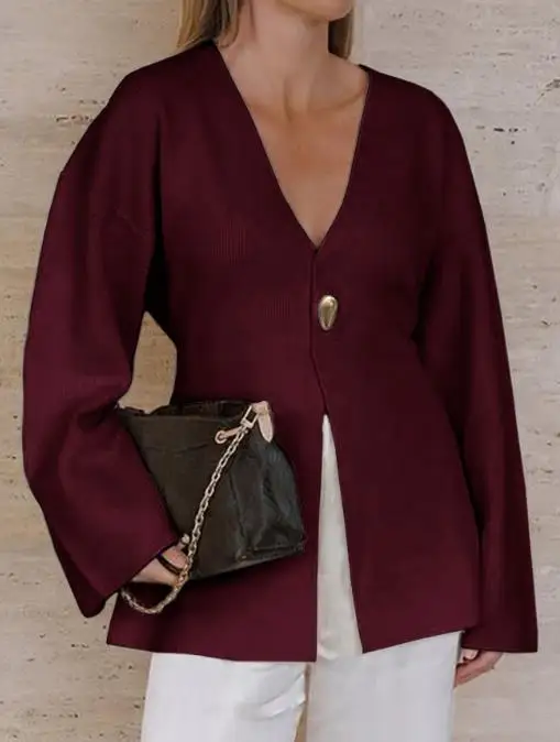 سترة نسائية 2025 الخريف والشتاء أحدث تتجه مزاجه أنيقة بلون سترة بأكمام طويلة قميص الملابس النسائية #4