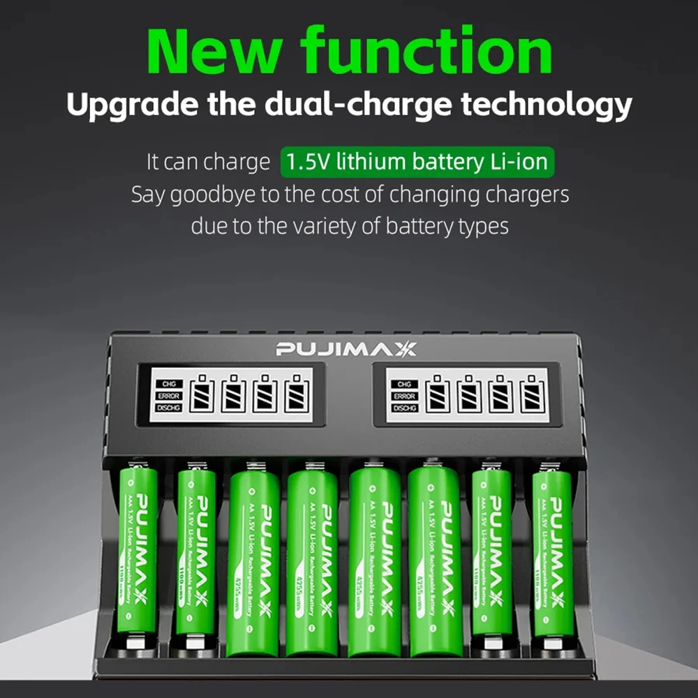 

﻿PUJIMAX 1.5V 4255mWh 1100mWh High Capacity Lithium Battery Cells Lithium And Charger Set 8-Slot LED Smart Dimmable Charger
