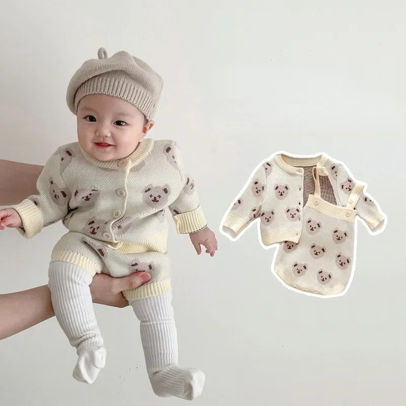 Ropa De Bebe Cute Baby Set Autumn Girl Knitted Cardigan Coat Top Boy Sweater Baby Top+Strap Pants+Leggings 3 Piece Set مجموعات