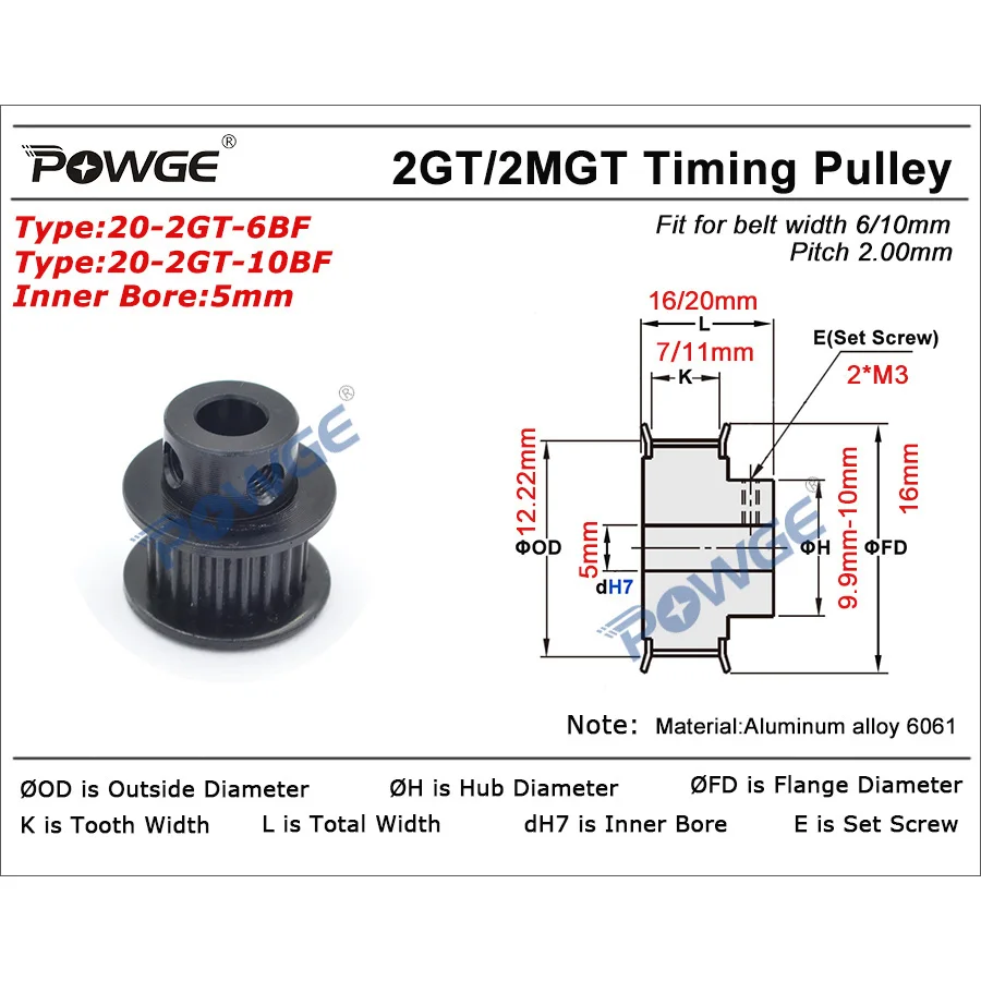 POWGE Black 2GT 2M 20 Teeth Synchronous Timing Pulley Bore 5mm No Big Hub for 2MGT GT2 belt width 6mm 20Teeth 20T VORON