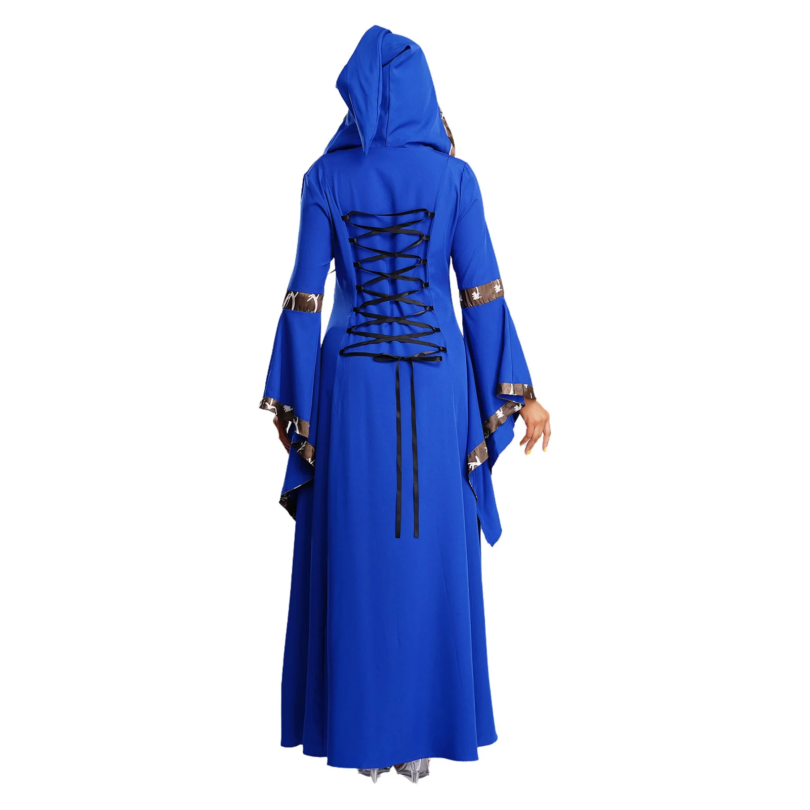 Women Halloween Medieval Renaissance Victorian Vampire Witch Cosplay Costume Long Sleeve Lace-up Hooded Gothic Dress Retro Gown