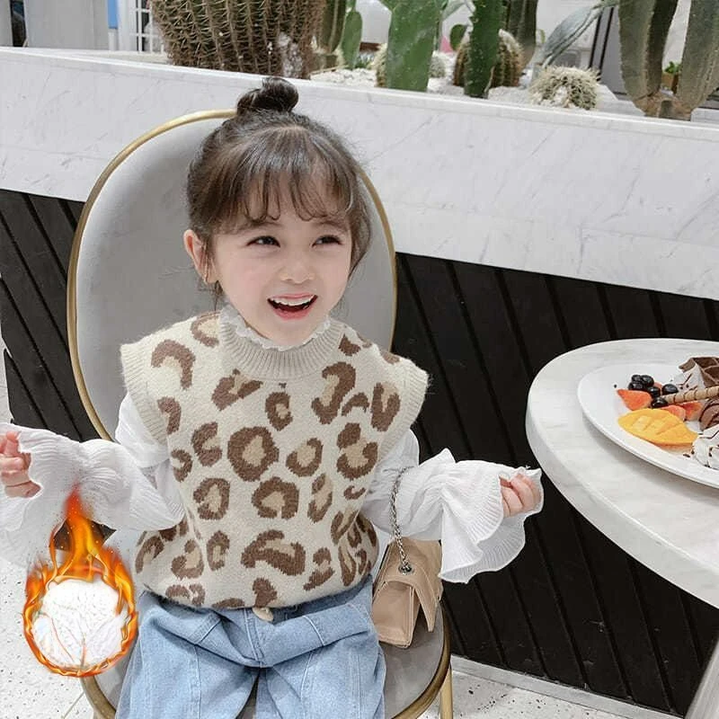 Girl Vest Spring Autumn New 2024 Leopard Print Round Neck Sleeveless Knitted Sweater Casual Simple Fashion Sweet Korean Active