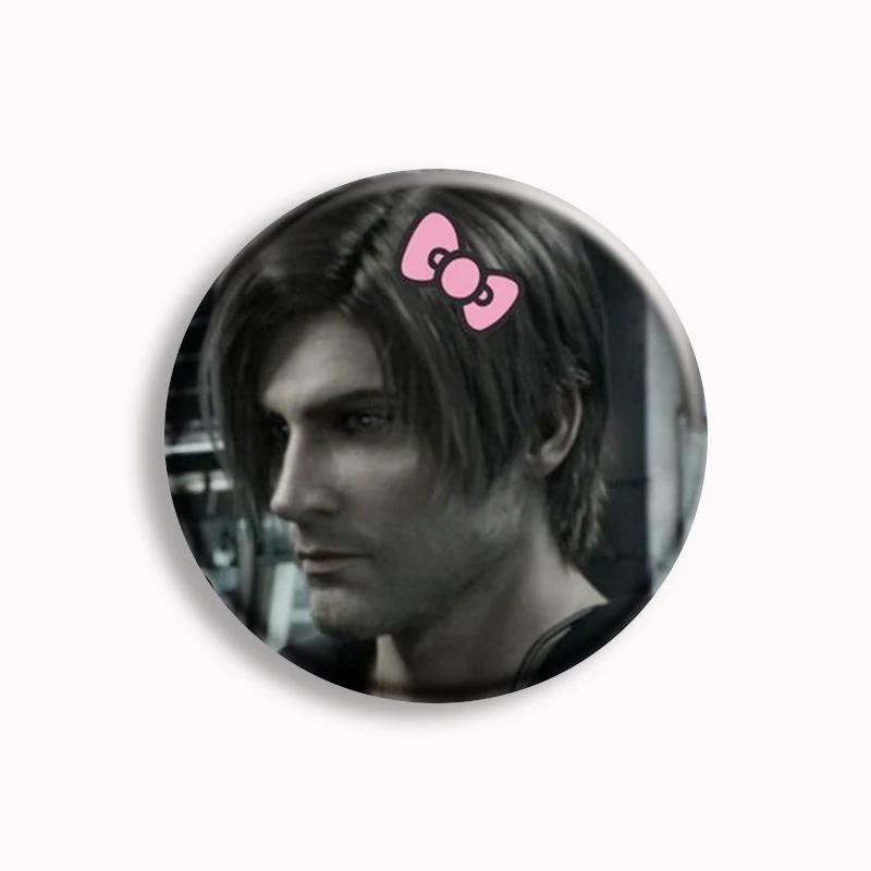 Leon Kennedy Evil Game Character Button Pin Pink Bow Cute Leon Meme Brooch Badge Bag Cloth Decor Fans Collect Friends Gift 58mm