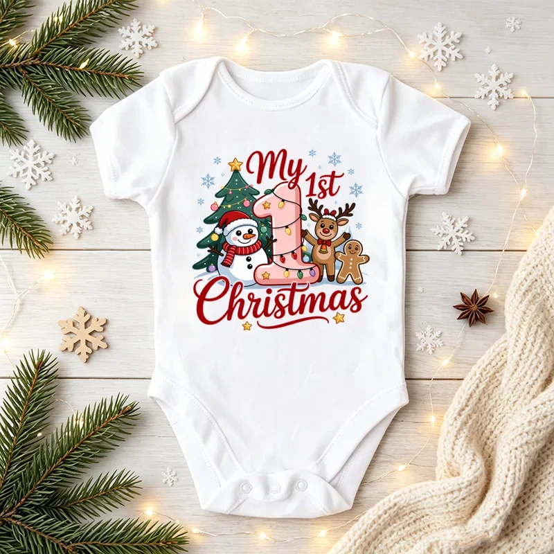 My 1st Christmas Baby Bodysuit Newborn Short Sleeve Romper Snowman Reindeer Gingerbread Print Infant Boys Girls Xmas Outfits