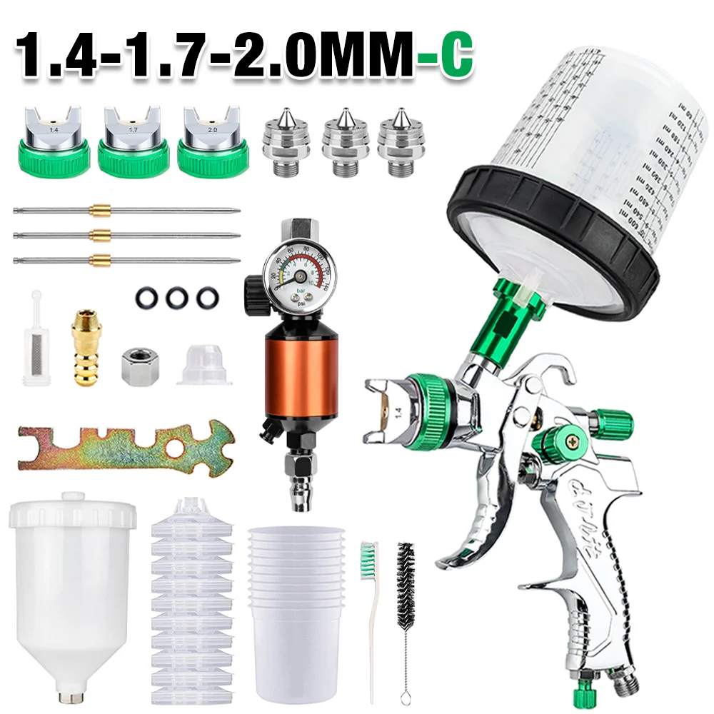 1,4 mm 1,7 mm 2,0 mm professioneel HVLP-spuitpistool huishoudelijk automatisch verfspuitpistool, 600 ml niet-schone wegwerpmaatbekers 10 stuks, hoogwaardig luchtgereedschap (potdeksel met verffilter)