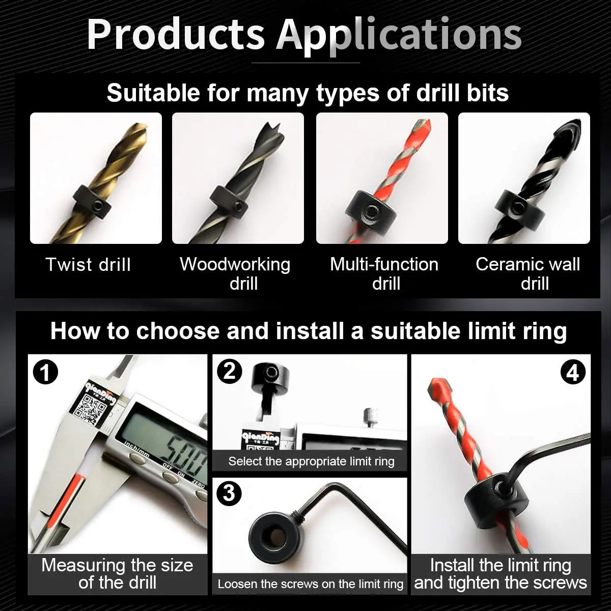 8pc drill bit limit ring 3-16mm Setting circles woodworking screw clamp drill bit adjusting tool with small wrench set image 5
