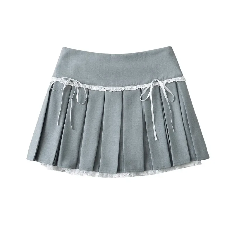 

Women's Retro Sweet Bow Lace Pleated Short Skirt, High Waist, Slim, Stitching, A-Line, Student, Cute, New, 2024