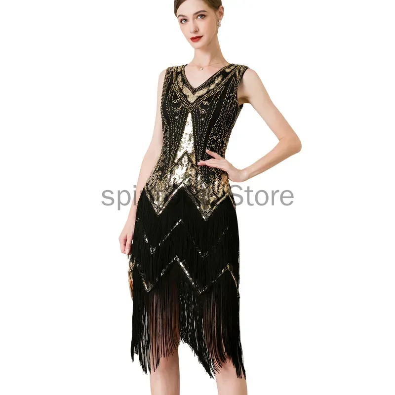 CosplayWomen 1920s Sleeveless V-Neck Double Layer Tassel Dress Gatsby Cocktail Prom Vintage Sequin Beads Dress Party Dance Dress