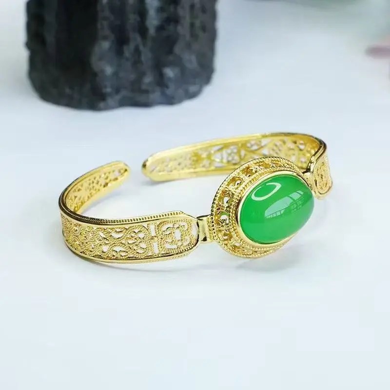 Classic hot selling natural ancient chalcedony inlaid bracelet vintage craft open bracelet antique style hand jewelry gift