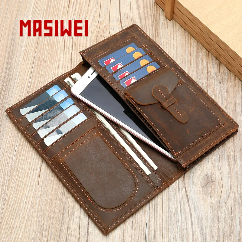 

Мужской длинный кошелек Crazy Horse Leather, дорожный клатч в стиле ретро из натуральной кожи, модный кошелек для мобильного телефона