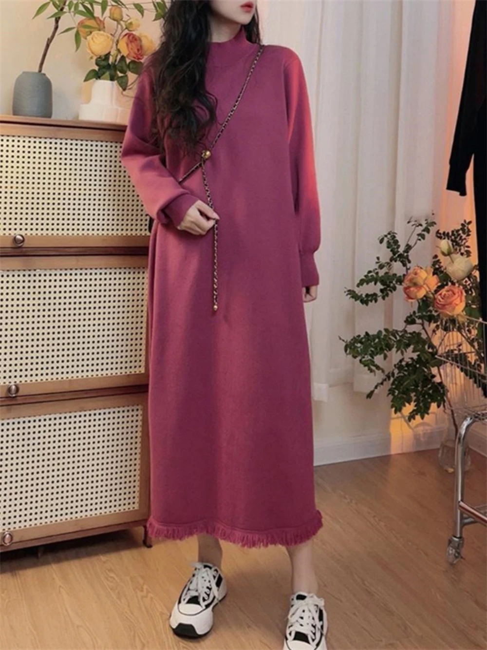 

Fashion Women's Dress Knitted Long Sleeve Half High Neck Fringe Comfortable Solid Color Autumn Loose Ladies Dress