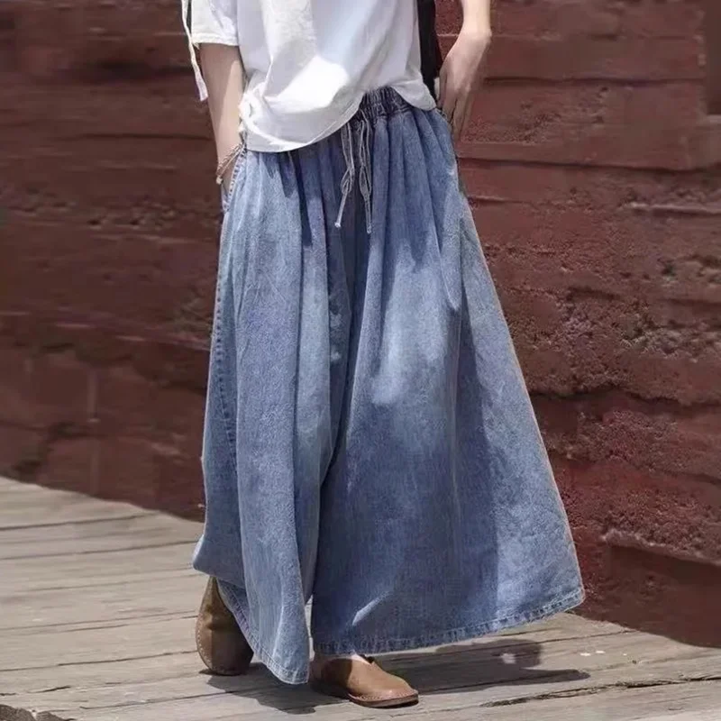 Women's Straight Lace-Up Jeans Wide-Leg Pants Loose High Waist Nine-Point Skirt Pants Leisure Fashion Spring B375