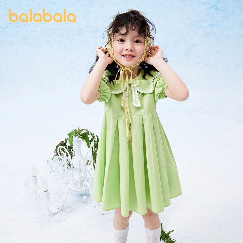 Balabala Children Wear Girls Princess Dress 2024 Summer New Children A-line Dress Stylish Sweet Pure Cotton