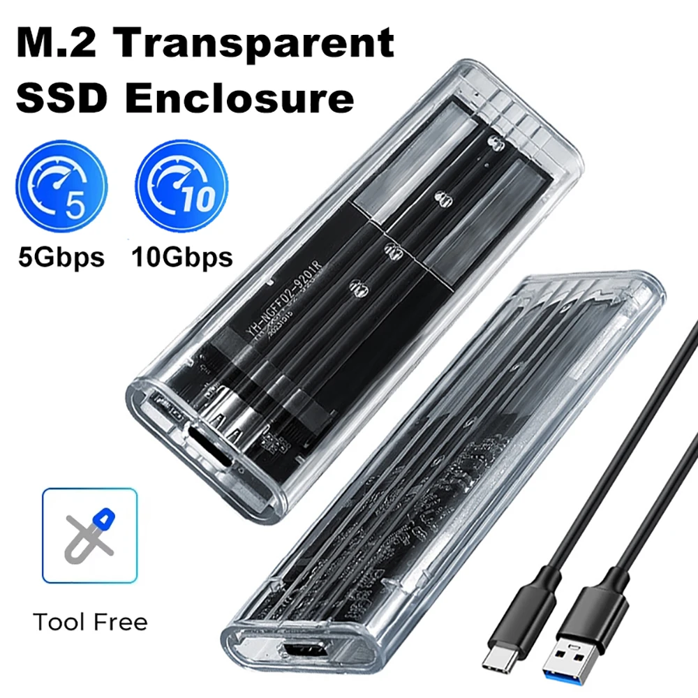 Obudowa M.2 NVME SATA SSD USB3.1 Gen 1 10 Gb/s typu C Przezroczysty zewnętrzny adapter SSD do dysków SSD M2 2230/2242/2260/2280 bez narzędzi