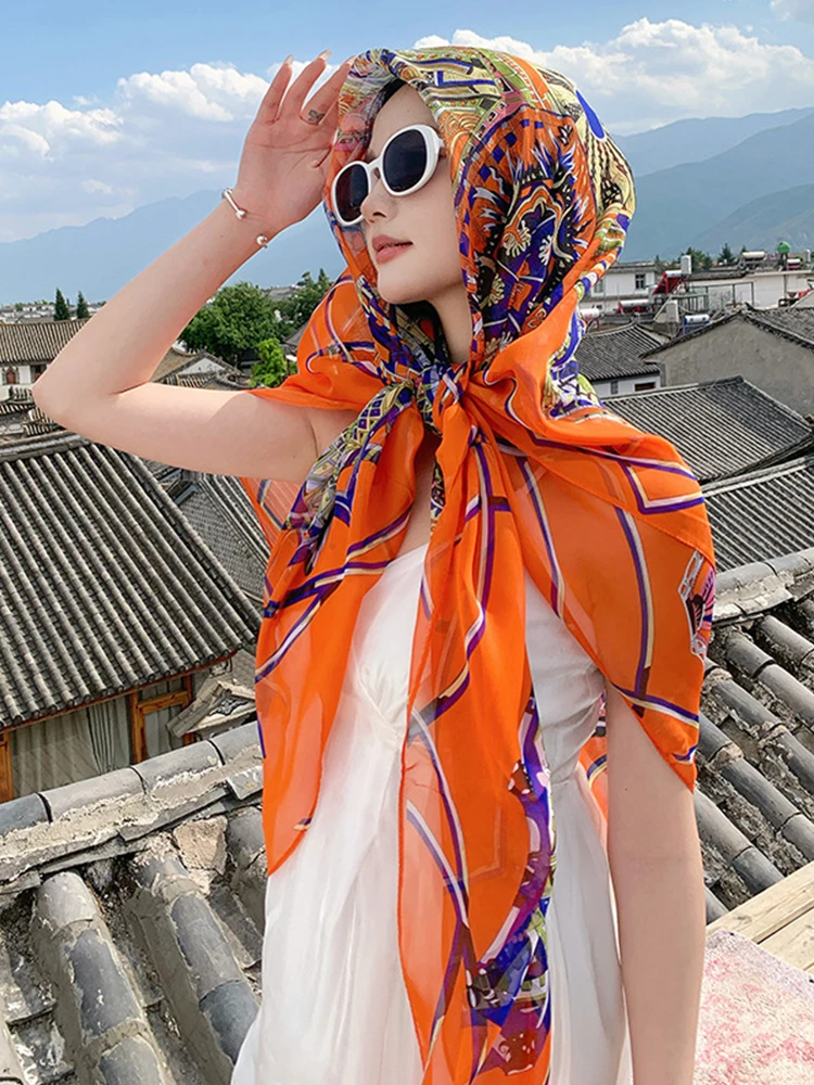 New Elegant Women Silk Scarf Vacation Sarong Beach Wrap Shawl Vintage Print Lady Sunscreen Bandana Hijab Mujer Scarve Pareo