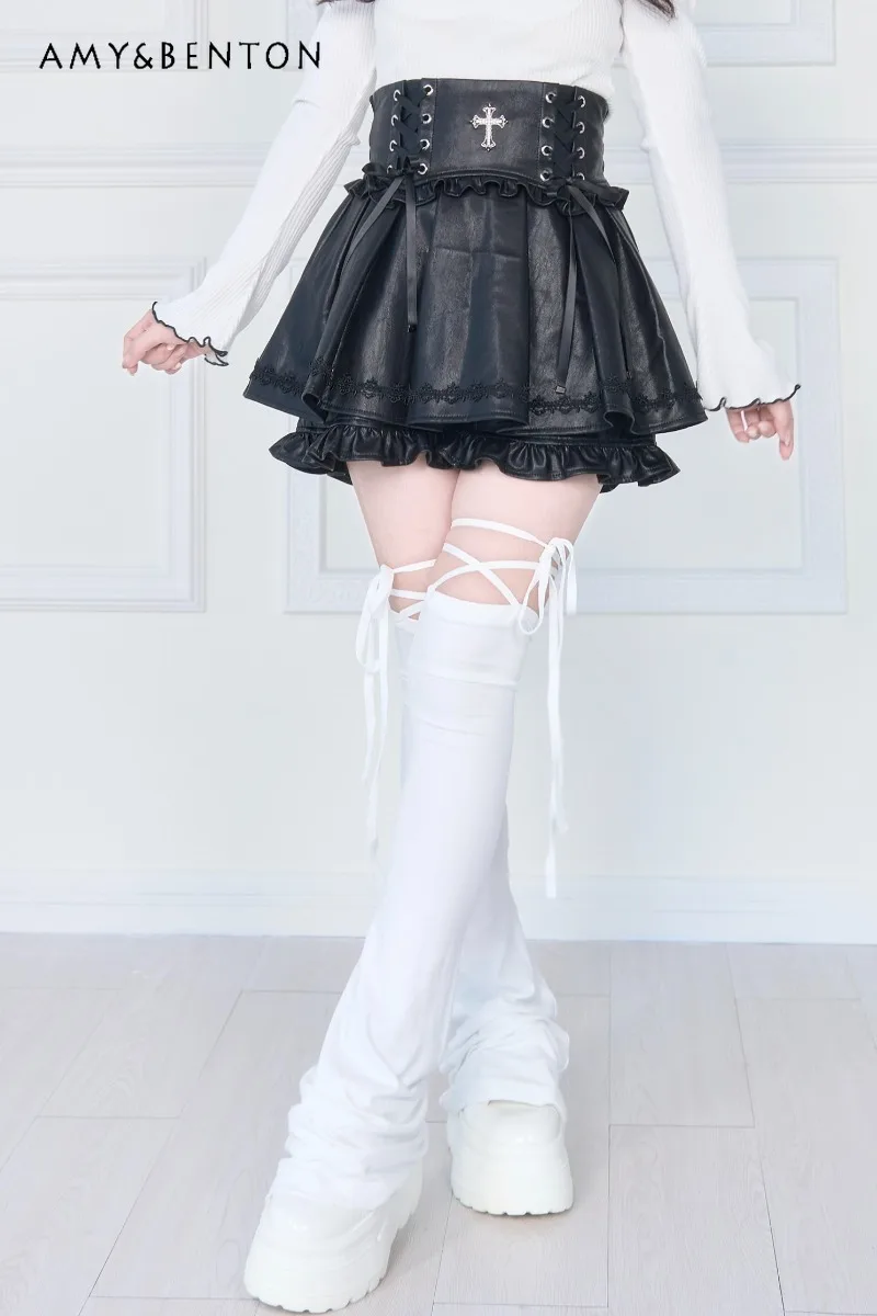 Japanese  Mass-Produced Leg Warmers Subculture Gothic Lace-Up Solid Color Versatile Flared Legwarmer Women Over-the-Knee Socks