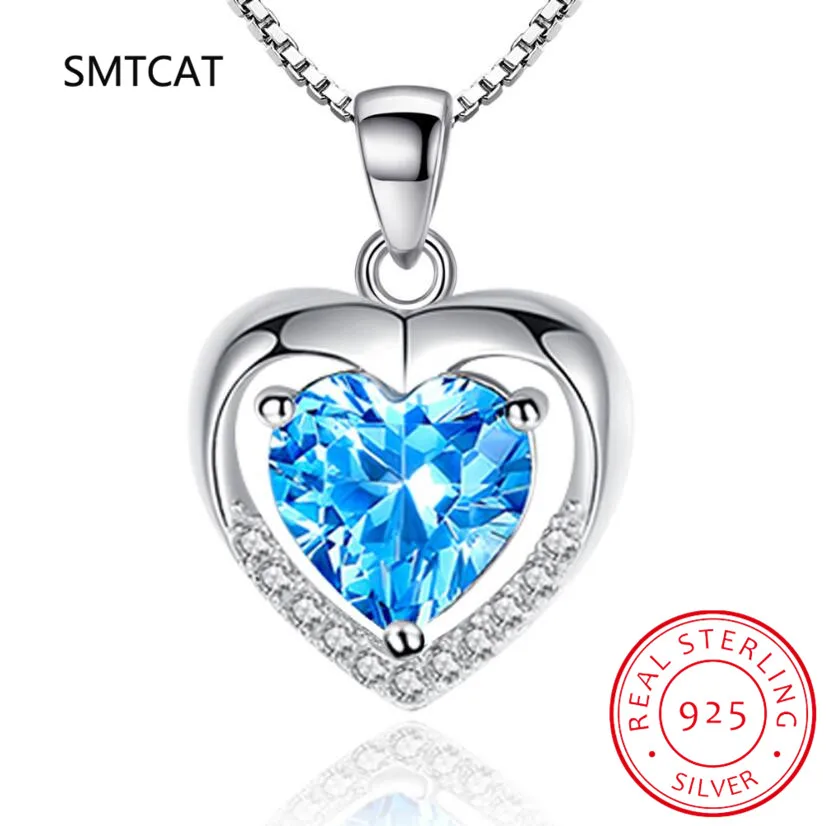 Natural Heart 1.57ct Citrine Sky Blue Topaz Garnet Amethyst Pendant Necklace 45CM Chain 925 Sterling Silver Women Birthstone