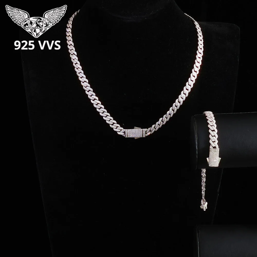 

925 Silver 8mm Prong Moissanite Cuban Link Chain Iced Out 1Row Pass Diamond Tester VVS Sterling Silver Necklace Bracelet