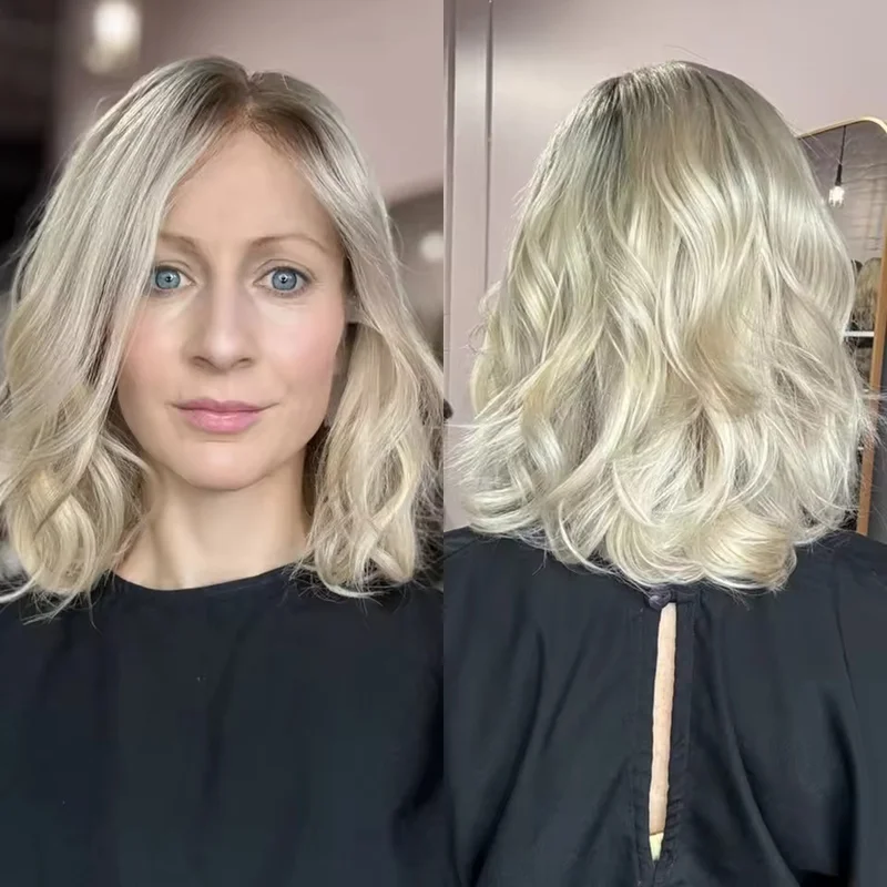 Ombre Platinum Blond Wavy Wigs Ash Brown Roots 100% Human Hair Lace Front Wigs
