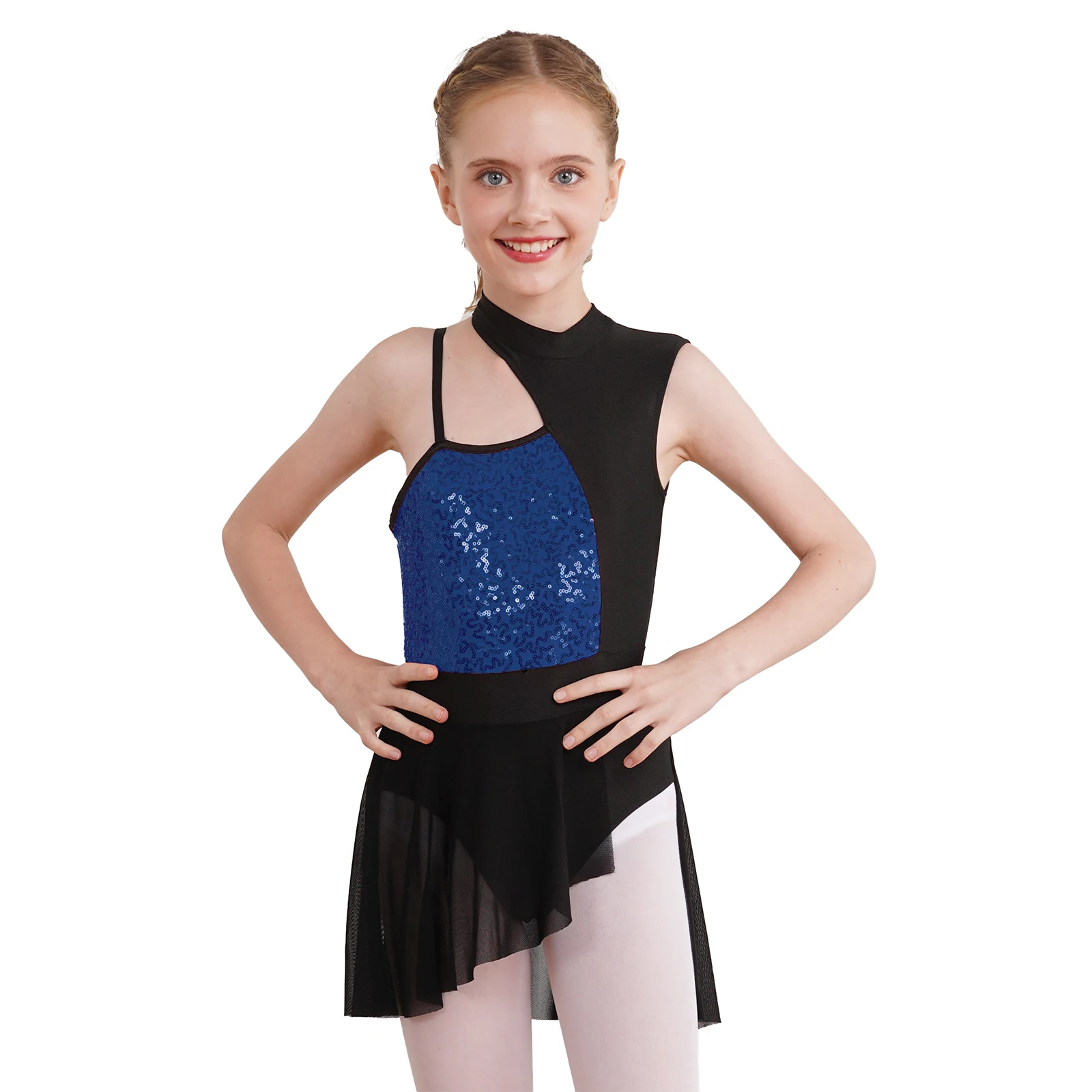 Kids Girls Ballet Gymnastics Leotard Dress Shiny Sequins Lyrical Jazz Dance Costumes Teens Ice Skating Dress Stage Dancewear