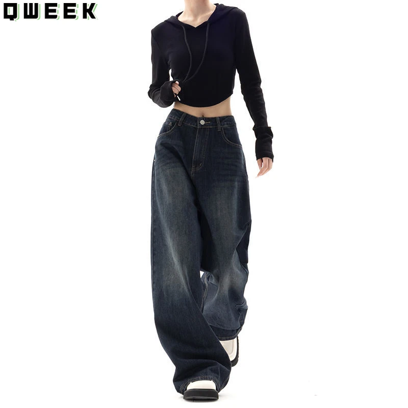 QWEEK Vintage High Waist Jeans Women Y2k Harajuku Loose Korean Fashion Wide Leg Pants Oversized Straight Casual Denim Trousers