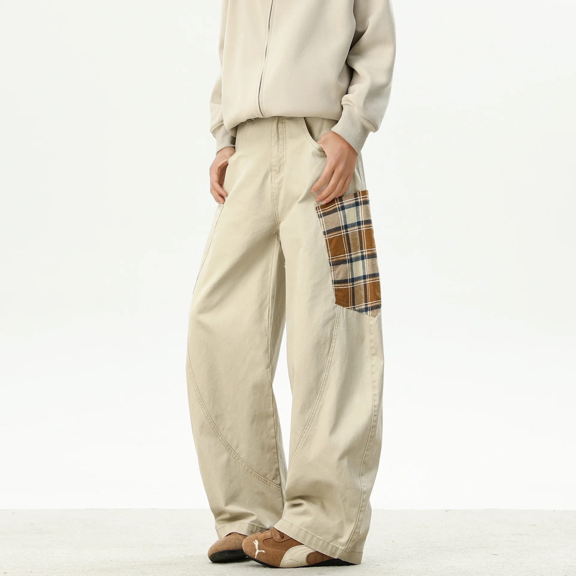 Plaid Pocket Patchwork Scimitar Cargo Men 2026 Spring New Trendy Brand Cool Loose Straight Casual Pants