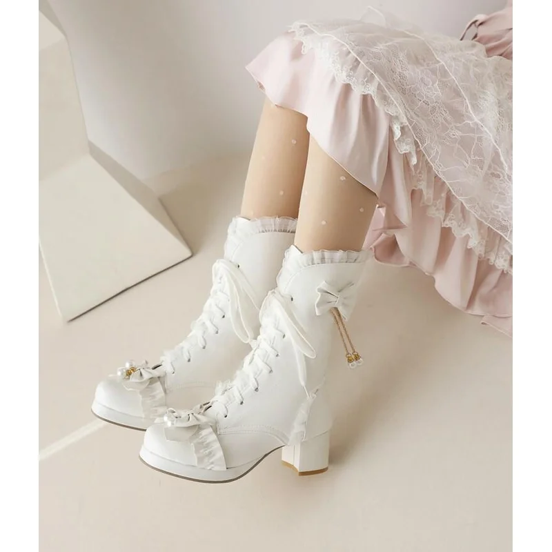 Lolita Girl Sweet Bowknot Lace Mid-calf Boots With Thick Heel Round Toe College Style Pearl Pendant Women's Boots