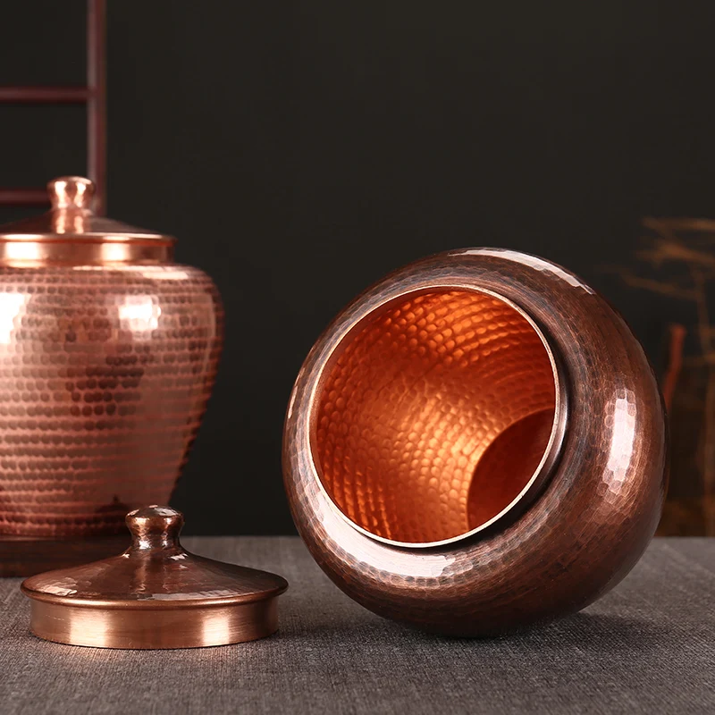 Pure Hand-forged One-piece Copper Tea Pot Pure Copper Metal Tea Warehouse Sealed Pot Large 1 Catties Pu'er Tea Storage Set