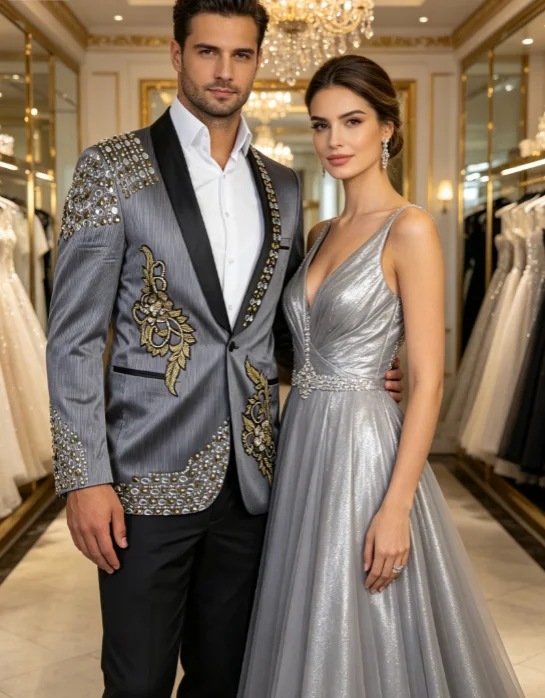 Classic Stripe Embroidery Diamond Men Suits Slim Fit Groom Tuxedos  Wedding 2 Pieces Sets Male Blazers Customized ropa hombre
