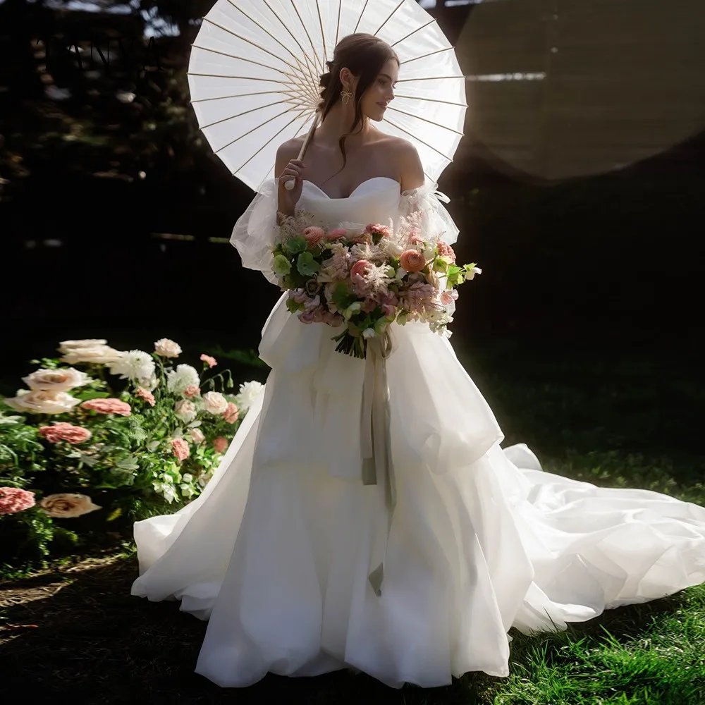 Robe de mariée en organza avec poignées amovibles, chérie de la présidence, optique décolleté, manches longues, ligne A, train de balayage, robe de patients romantiques, TSWD295