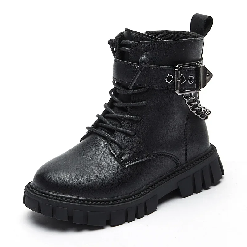 Children Soft-soled Girls Boys Leather Boots with Metal Chain, British Style, Autumn/Winter Warm Tide Boots - Hot New Student Pi