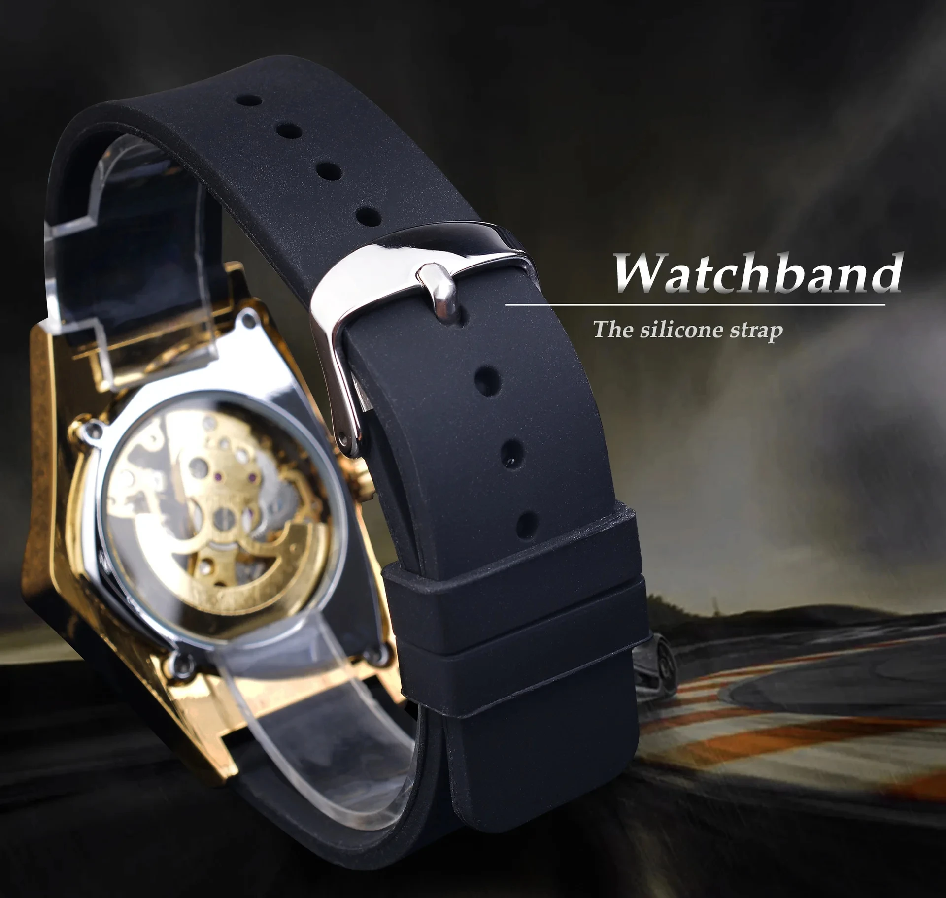 WINNER Men's Luxury Military Mechanical Watch Automatic Triangular Skeleton Luminous Hands Fashion Rubber Strap Sport Wristwatch