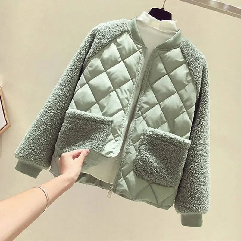 

Hot Sale Of The Season Autumn Winter Loose Short Lightweight Fashionable Lamb Fur Splicing Cotton Coat Cas Women's Cotton Jacket