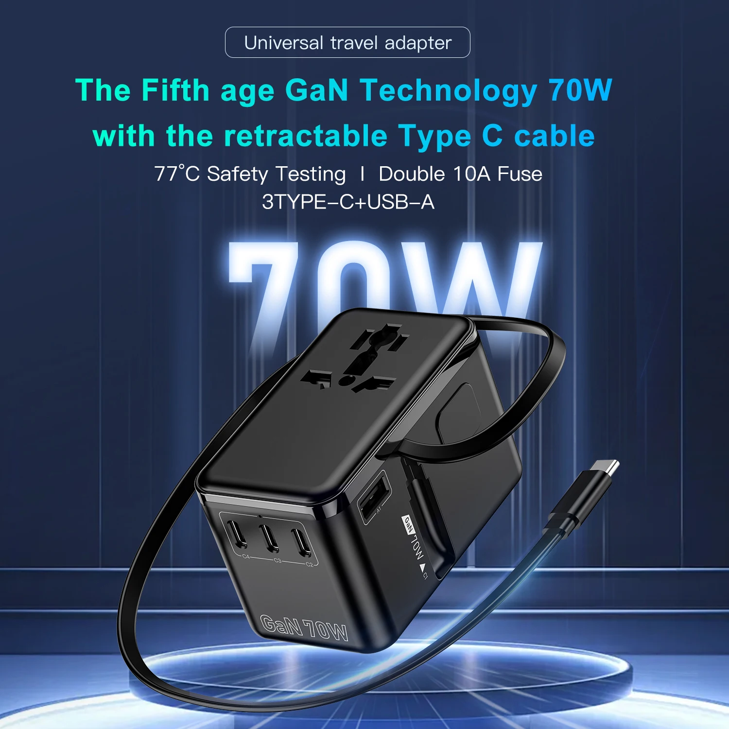 FC&EC PD70W GAN Universal Fast Charger Travel Adapter Converter - World Wide Compatible with USB & Type-C Ports