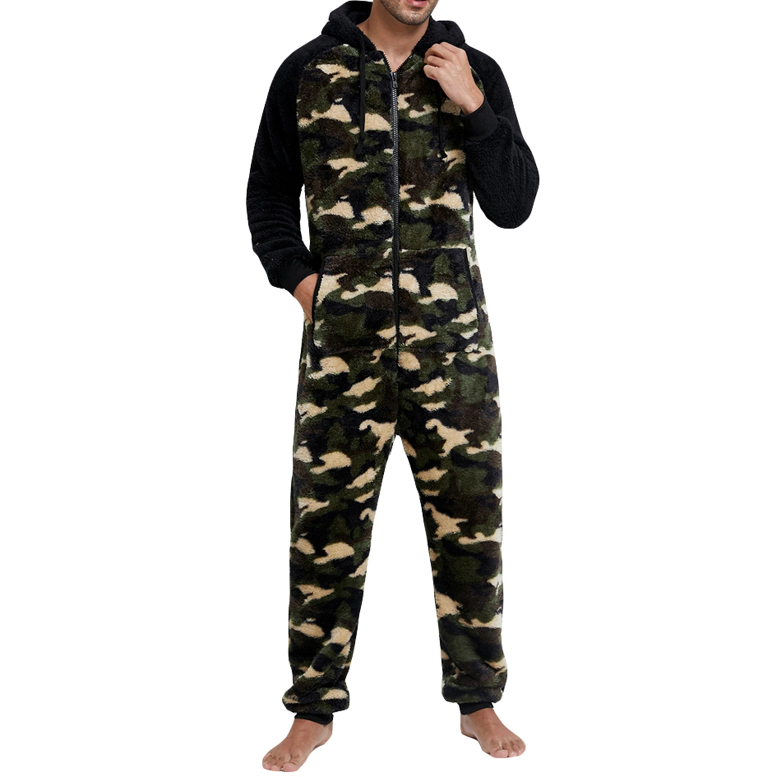 Men Fleece Pajama Long Sleeve Hooded Zip-up Warm Sleepwear Loungewear with Pockets Autumn Winter Underwear