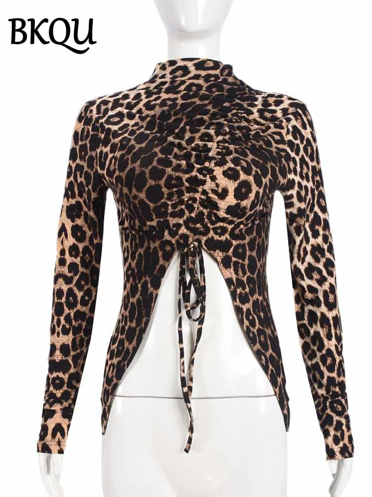 BKQU Leopard Drawstring Print Long Sleeve T-shirt Women Elastic Sexy Ruched O Neck Split Crop Top Female Y2k Club Irregular Tees