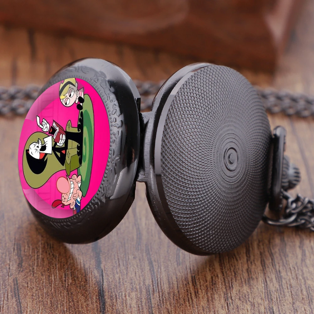 Cartoon Billy e Mandy Glass Dome Quartz Pocket Watch With Durable Chain Arabic Numeral Dial Halloween Gifts for Men Women Kids