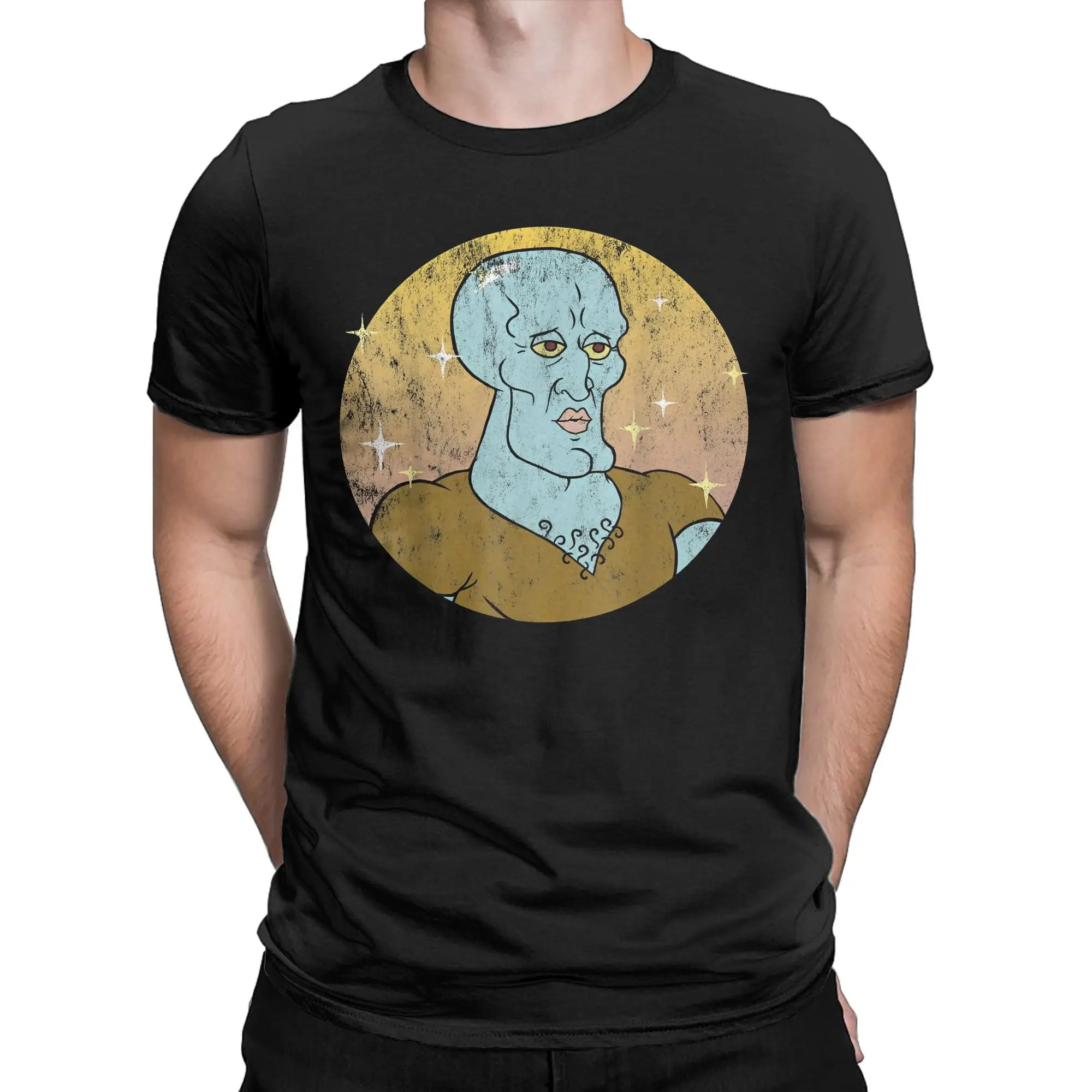 Sponge Bobs Handsome Squidward Portrait SquarePants T Shirt Men Pure Cotton T-Shirt Crewneck  Tee Short Sleeve merch Summer