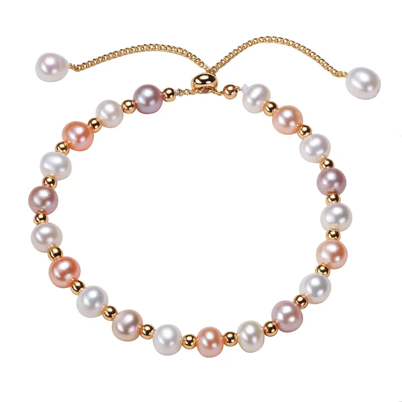 Real 18K Gold pearl Bracelet with Natural Freshwater White Pink Pearl Pure Adjustable Chain Fine Jewelry Gifts for Women