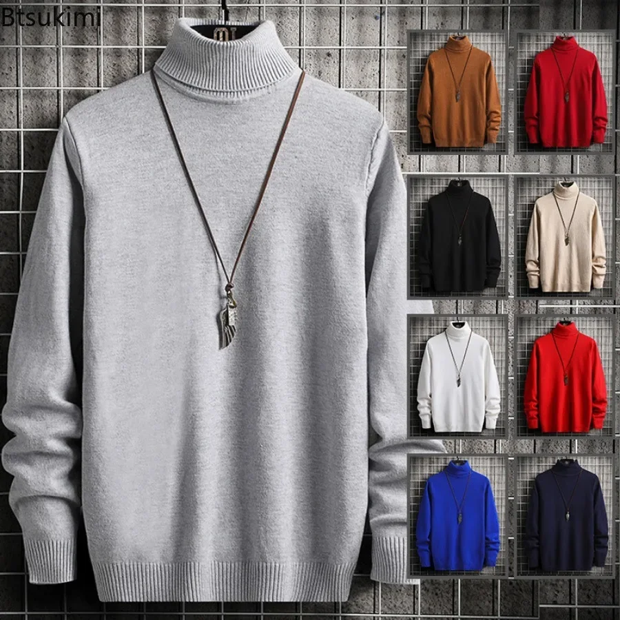 2024 Turtleneck Sweaters Men\'s Solid Pullovers Knitted Sweater High Collar Knitwear Pullovers Autumn Winter Warm Sweater for Men