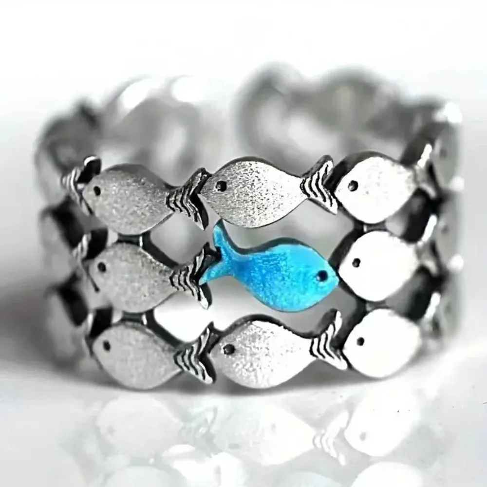Personalized Trendy Blue Small Fish Schools Swim Upstream Inspiring Couple Opening Rings for Women Men Cute Party Jewelry Gift