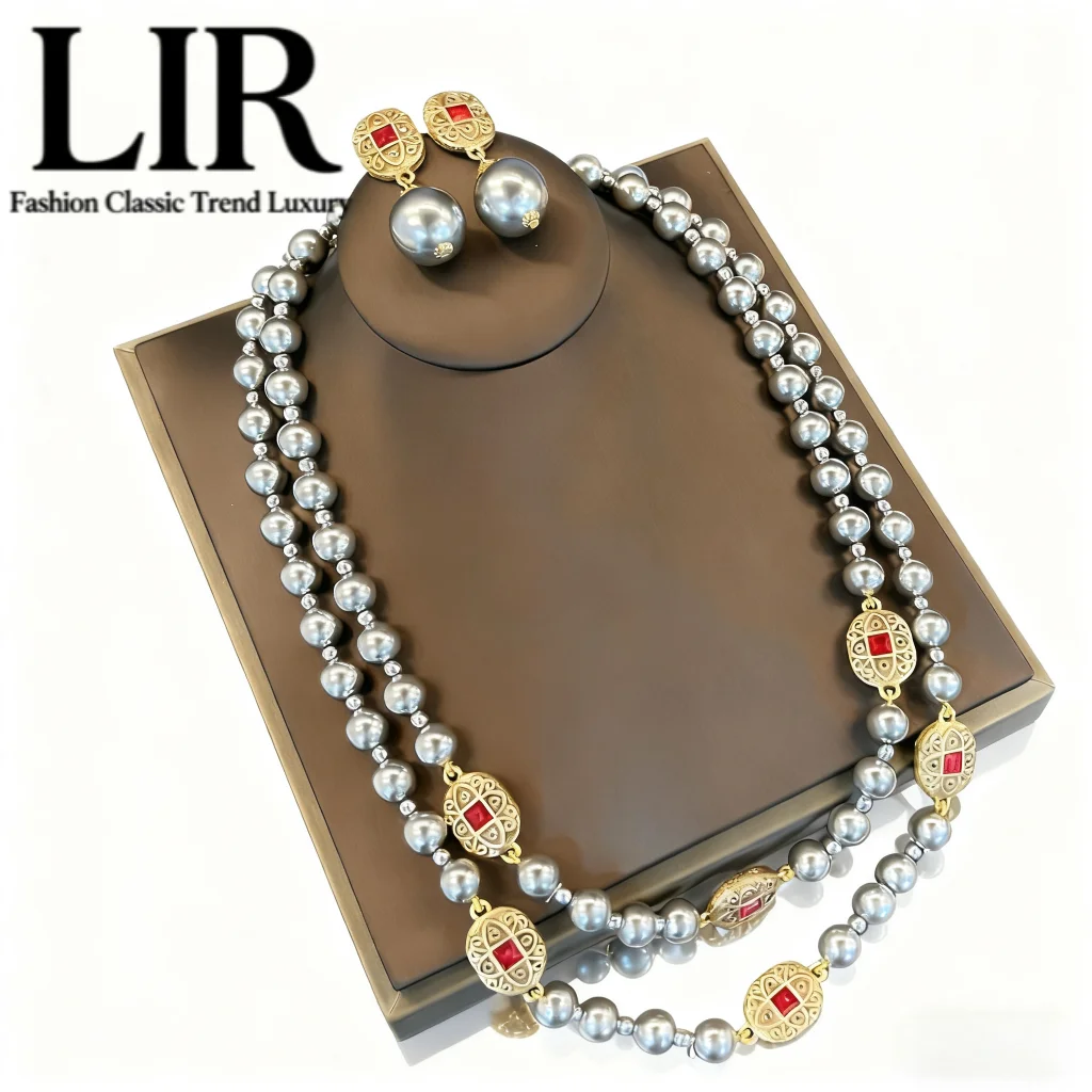 

LIR Custom Vintage Western Palace Jewelry Set: Red Gem Gray Pearl Necklace Earrings 30-Day Make-to-Order Luxury