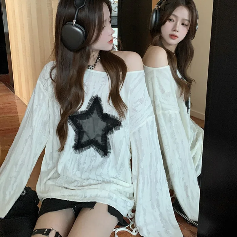 Harajuku Tshirts Fashion Tops Star Hollow Out Long Sleeve T Shirt Korean Kawaii Ropa Mujer Casual Y2k T-shirt Clothes for Teens