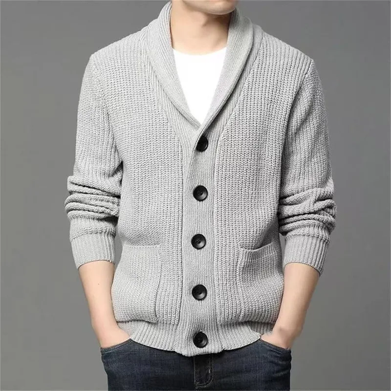 Autumn Winter Men's Thick Button Cardigan Green Fruit Collar Sweater V-neck Solid Color Casual Sweater