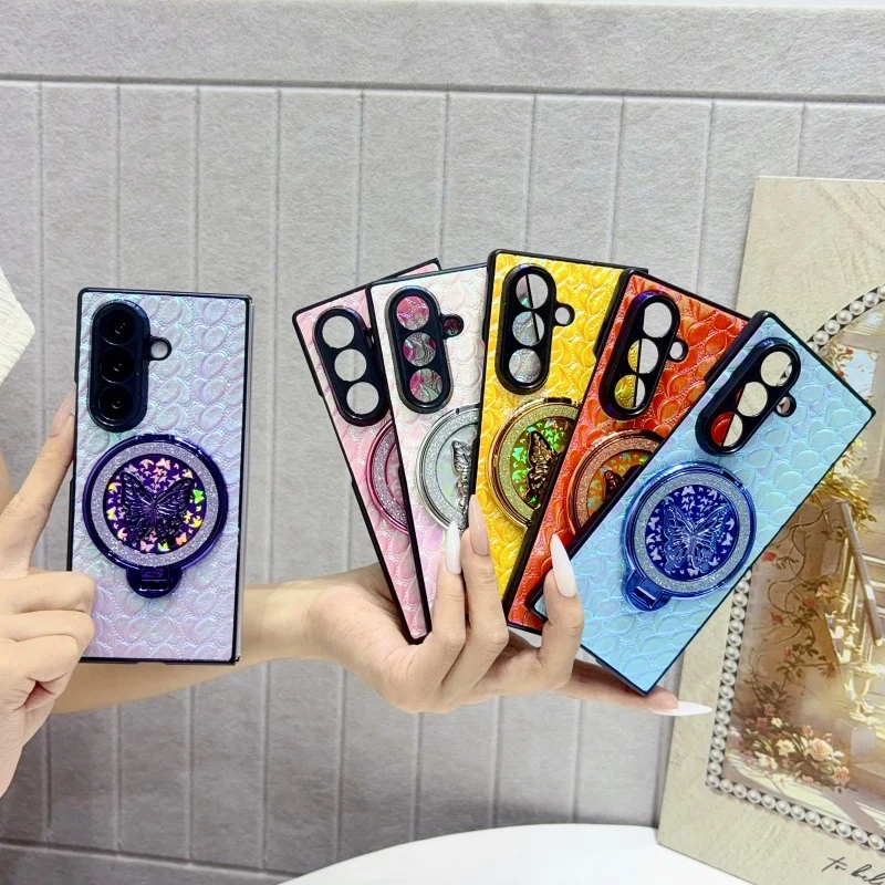 

Luxury Color Laser Leather Magnetic Phone Case For Samsung Galaxy Z Fold 7 6 5 ZFold6 ZFold5 Cover with Butterfly Stand For Mags