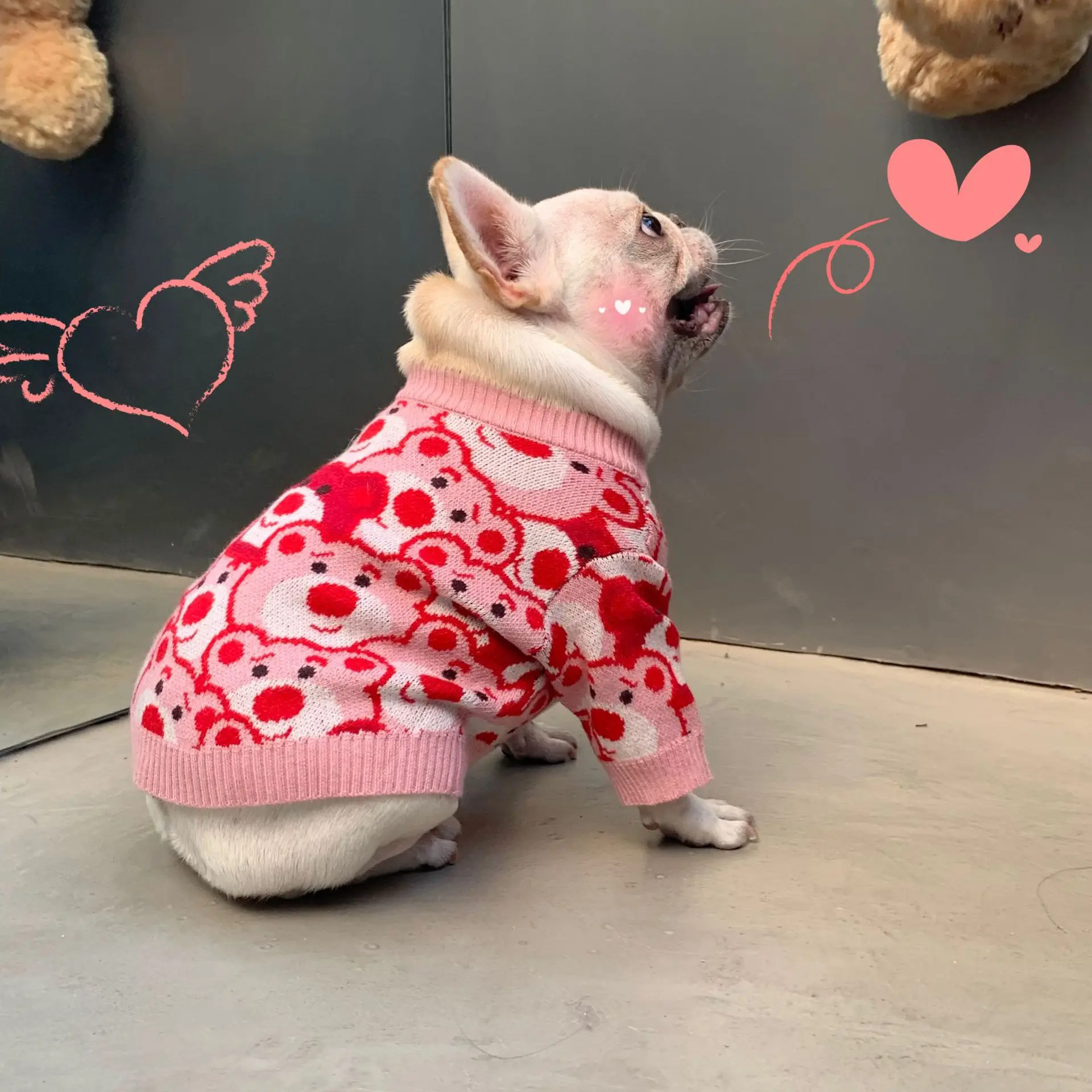 FATHIN Dog Pink Bear Sweater Pet Knitted Vest Dog Designer Winter Warm Clothes for French Bulldog Small Medium Large Dogs Cats